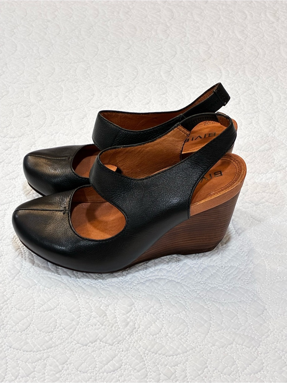 Biviel Black Leather Slingback Wedge Pumps Sandals Boho Womens EU 38 US 7.5-8